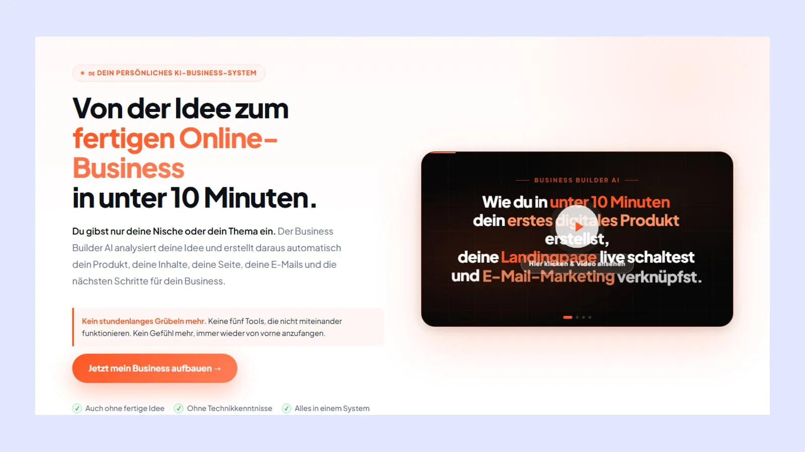 Kopfbereich der Kursseite von Business Builder AI mit Überschrift und Videovorschau