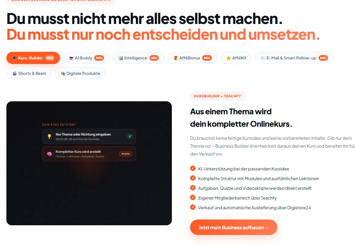 Funktionsübersicht von Business Builder AI mit dem Kurs-Builder und seinen Leistungen