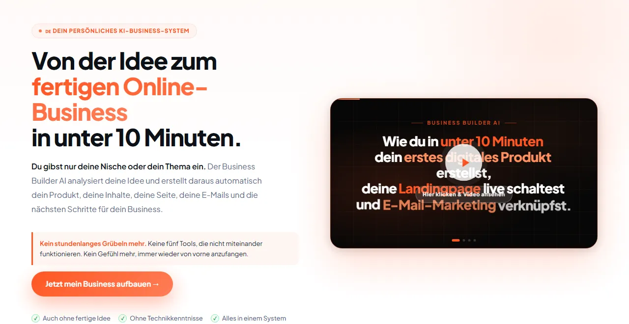 Kopfbereich der Kursseite von Business Builder AI mit dem Versprechen zum fertigen Online-Business