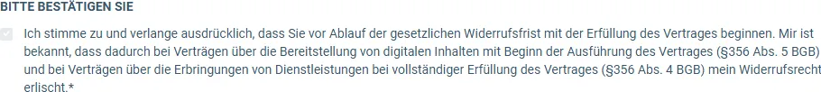 Häkchen zum Widerrufsrecht im Bestellformular von Business Builder AI