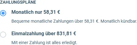 Zahlungspläne von Business Builder AI im Bestellformular mit 58,31 Euro monatlich und 831,81 Euro einmalig