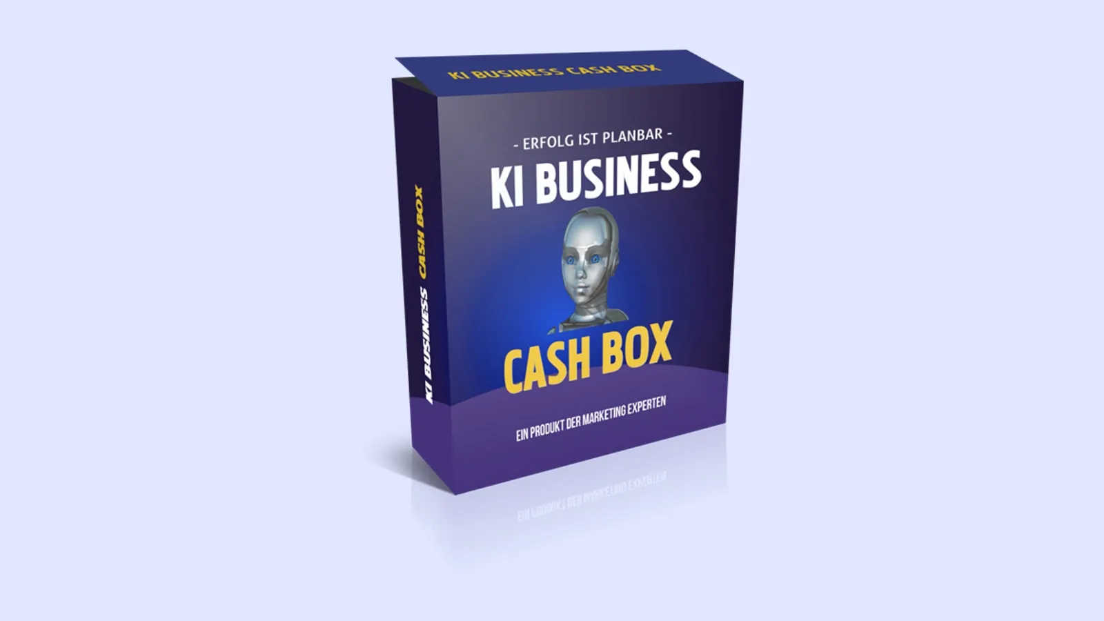 Produktbox der KI Business Cash Box mit Roboterkopf auf hellblauem Hintergrund