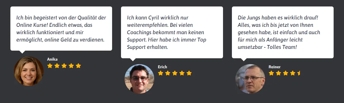 Drei Kundenstimmen von Anika, Erich und Reiner mit Sternebewertung auf der Website Business-Kickstart