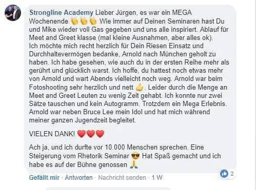 Ausführlicher Facebook-Kommentar der Strongline Academy an Jürgen über ein MEGA Seminar-Wochenende