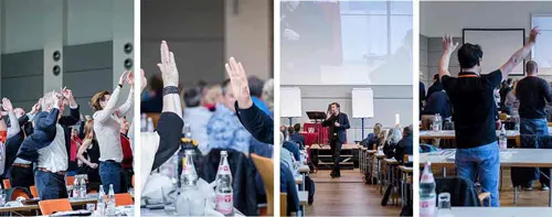 Collage vom Business Secrets Seminar mit Teilnehmern im Saal und einem Speaker auf der Bühne