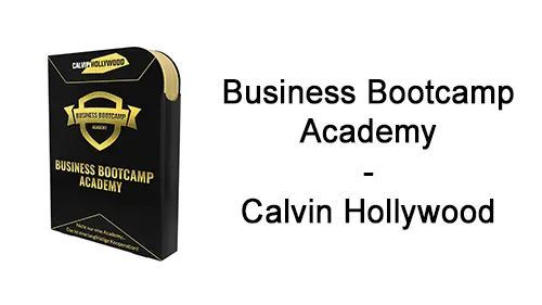 Schwarze Kursbox der Business Bootcamp Academy neben dem Schriftzug Business Bootcamp Academy – Calvin Hollywood