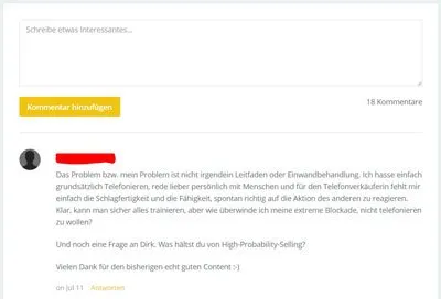 Kommentarbereich unter einem Video im Kurs Erfolgreich selbstständig sein mit Fragen von Teilnehmern