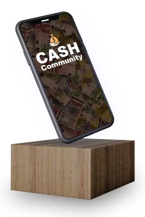 Smartphone mit dem Logo der Cash Community von Eric Hüther auf einem Holzsockel