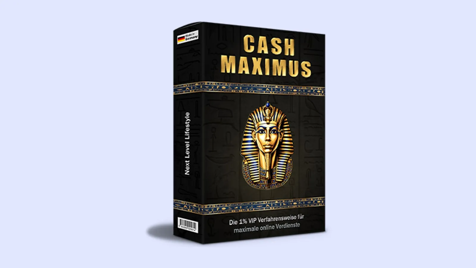 Schwarze Produktbox von Cash Maximus mit goldenem Pharaonenkopf vor hellblauem Hintergrund