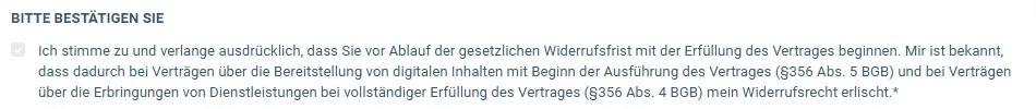 Text des Pflicht-Häkchens im Bestellformular von Cash Maximus zum Beginn vor Ablauf der Widerrufsfrist
