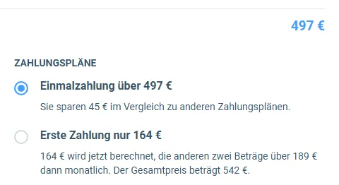 Zahlungspläne im Bestellformular von Cash Maximus mit Einmalzahlung über 497 Euro und erster Zahlung von 164 Euro