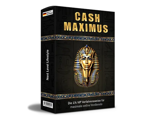 Produktbox von Cash Maximus mit Pharaonenkopf und der Zeile Die 1% VIP Verfahrensweise für maximale online Verdienste