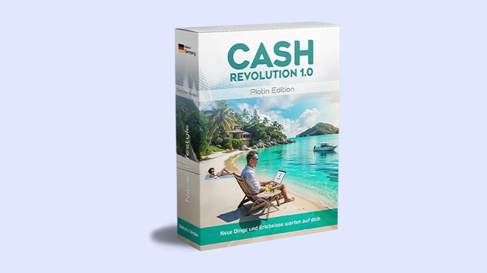 Produktbox von Cash Revolution 1.0 Platin Edition mit einem Mann, der am Strand mit dem Laptop arbeitet