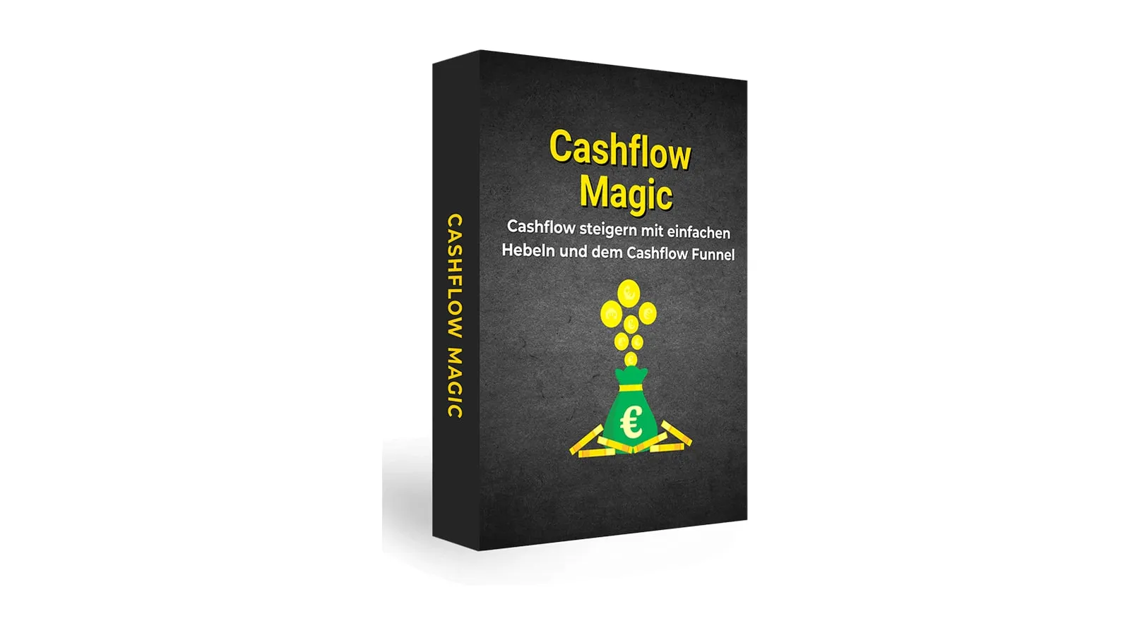 Schwarze Produktschachtel Cashflow Magic mit gelber Schrift, grünem Geldsack und Euro-Münzen auf weißem Grund