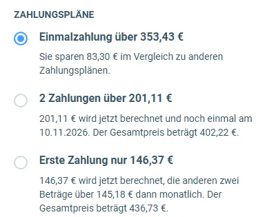 Zahlungspläne im Bestellformular von Cashflow Magic: Einmalzahlung über 353,43 Euro, 2 Zahlungen über 201,11 Euro und erste Zahlung 146,37 Euro