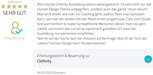 Fünf-Sterne-Bewertung: Die Chifinity Ausbildung hat mich enorm weitergebracht