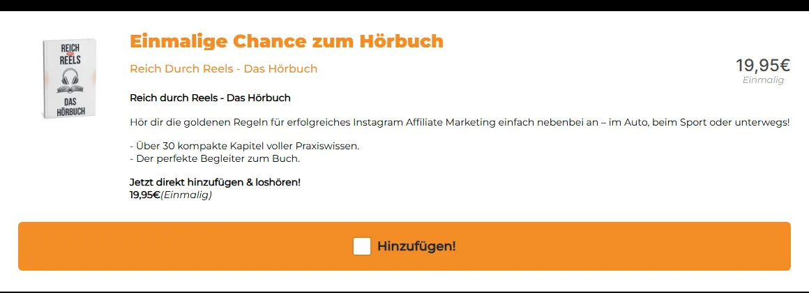 Angebot des Hörbuchs zu Reich durch Reels auf der Bestellseite mit Preis 19,95 Euro einmalig