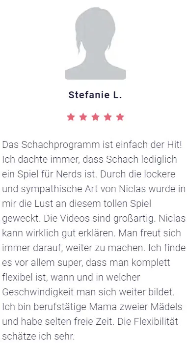 Fünf-Sterne-Bewertung von Stefanie L. zum Schachprogramm von Chessence und der flexiblen Lernweise