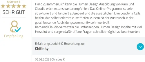 Fünf-Sterne-Bewertung von Christina K.: Human Design Ausbildung von Karo und Claudio wärmstens weiterempfohlen
