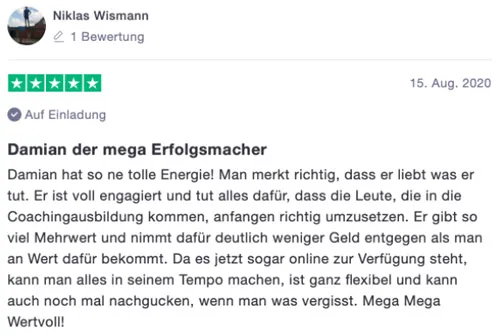 Trustpilot-Bewertung von Niklas Wismann: Damian der mega Erfolgsmacher, fünf Sterne