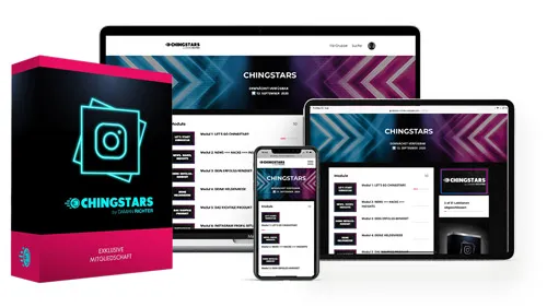 Chingstars-Kursbox neben Laptop, Tablet und Smartphone mit dem Mitgliederbereich des Kurses