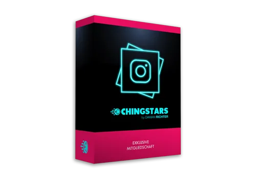 Schwarz-pinke Kursbox von Chingstars mit leuchtendem Instagram-Logo