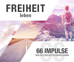 Grafik Freiheit leben – 66 Impulse mit Taube, Landstraße und Wanderer in den Bergen