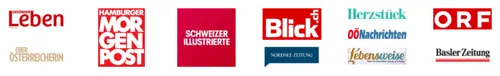 Medienlogos, aus denen Christina Schmid bekannt ist, u. a. Leben, Hamburger Morgenpost, Blick und ORF