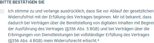 Häkchen-Text im Bestellformular des Claude Business System zum Beginn vor Ablauf der Widerrufsfrist