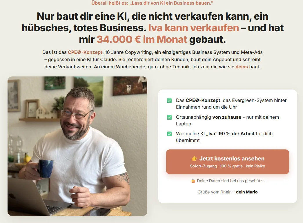 Kopfbereich der Kursseite mit dem CPE-Konzept, der KI Iva und dem Foto von Mario Burgard