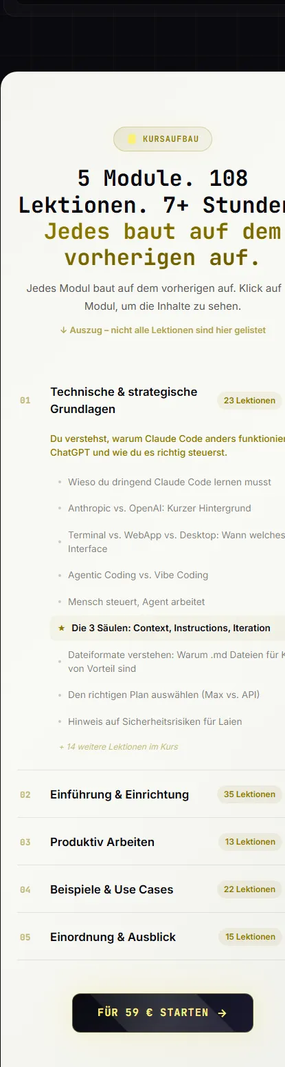 Modulübersicht der Claude Code Masterclass mit fünf Modulen und 108 Lektionen auf der Kursseite
