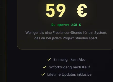 Preisbox der Kursseite mit 59 Euro einmalig und dem Hinweis kein Abo
