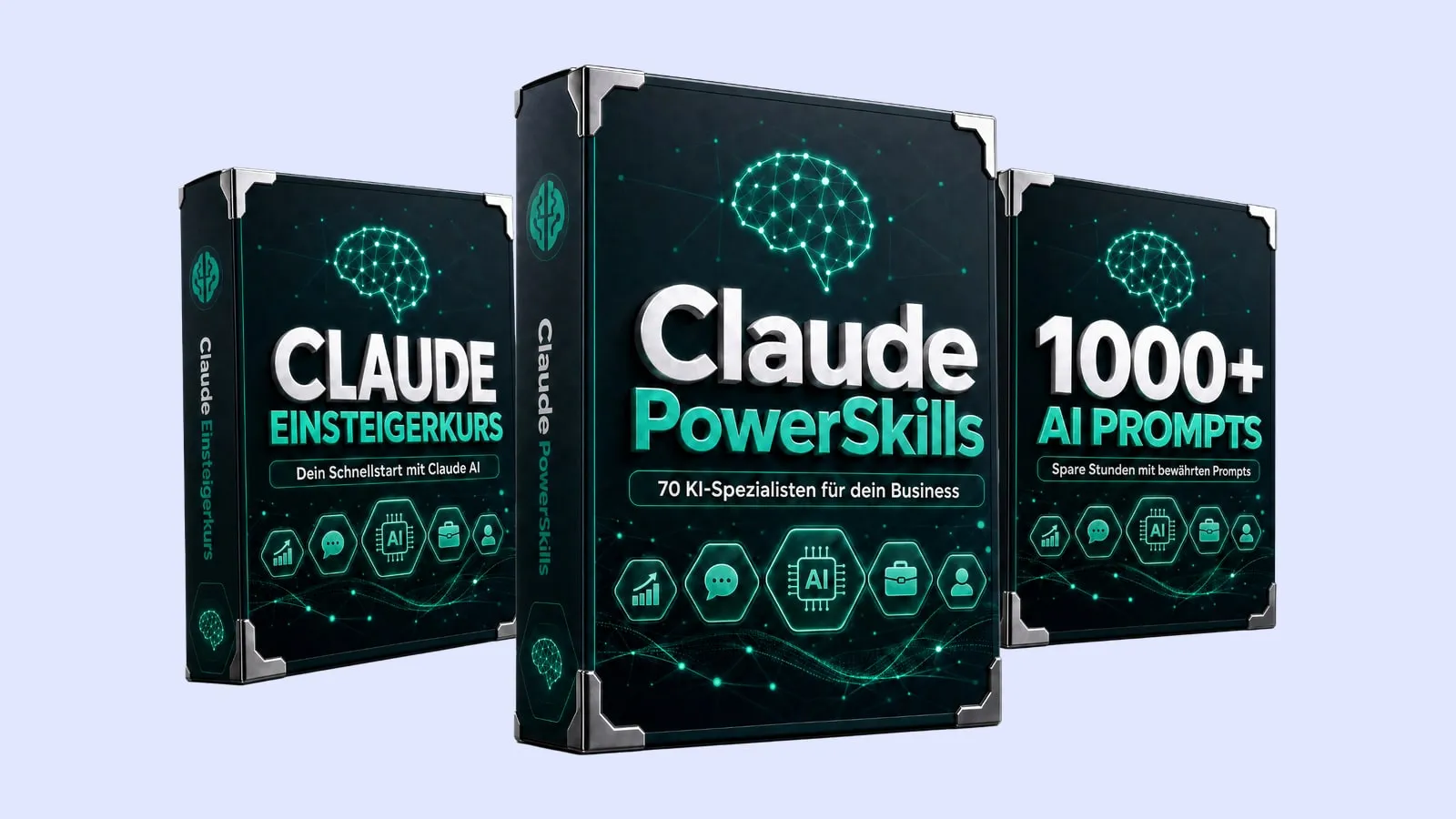 Produktboxen von Claude PowerSkills, Claude Einsteigerkurs und 1000+ AI Prompts auf hellem Hintergrund