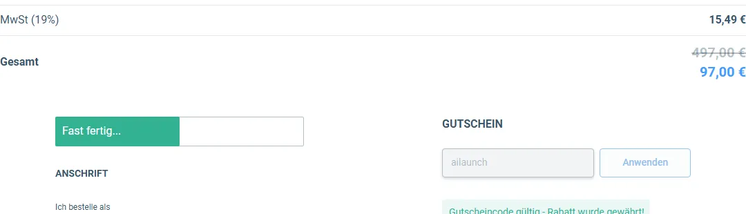 Bestellformular von Claude PowerSkills mit durchgestrichenen 497 Euro, einer Summe von 97 Euro und dem bestätigten Gutschein ailaunch