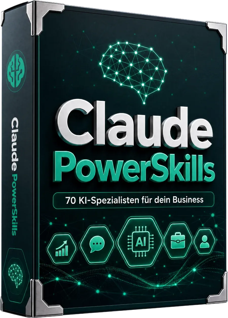 Dunkle Produktbox von Claude PowerSkills mit leuchtendem Gehirn-Symbol und dem Schriftzug 70 KI-Spezialisten für dein Business
