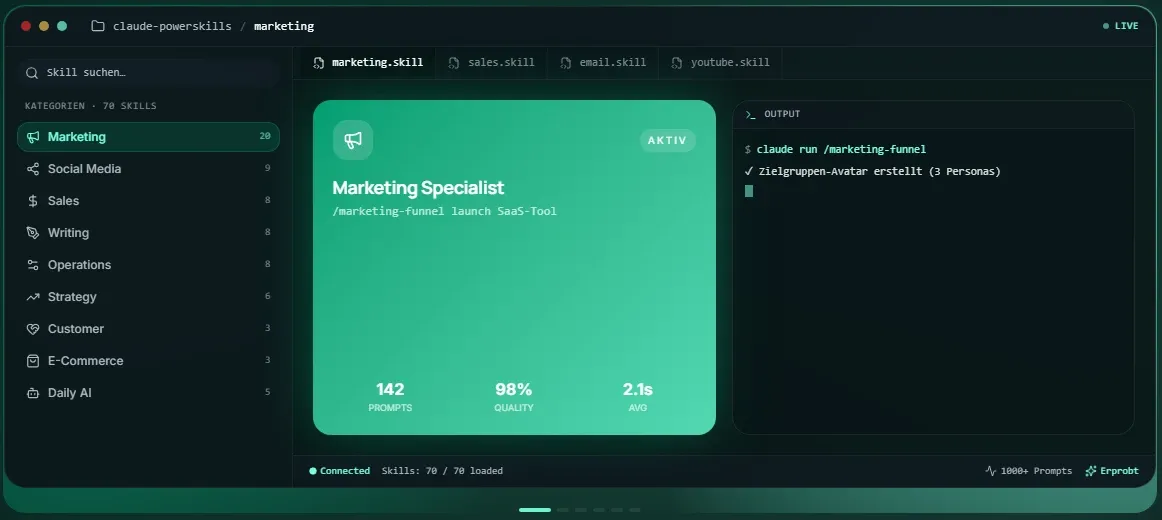 Skill-Suche von Claude PowerSkills mit neun Kategorien und dem Marketing Specialist als aktivem Skill
