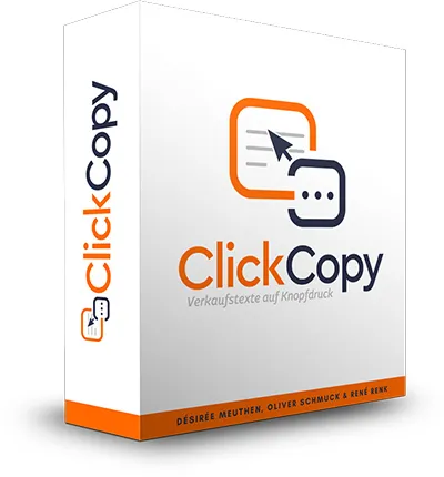 Weiß-orange Softwarebox von ClickCopy – Verkaufstexte auf Knopfdruck