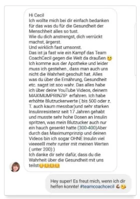 Screenshot einer Dankesnachricht an Coach Cecil über bessere Blutzuckerwerte durch das MAXIMUMPRINZIP
