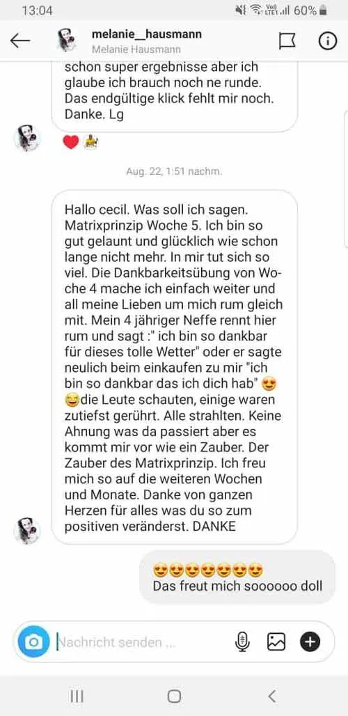 Instagram-Nachricht einer Kundin an Coach Cecil über ihre Fortschritte in Woche 5 des Matrixprinzips