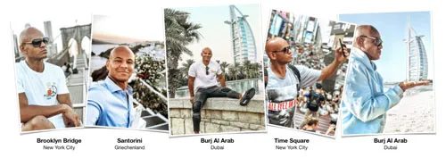 Fotocollage von Coach Cecil auf Reisen an der Brooklyn Bridge, auf Santorini, am Burj Al Arab und am Times Square