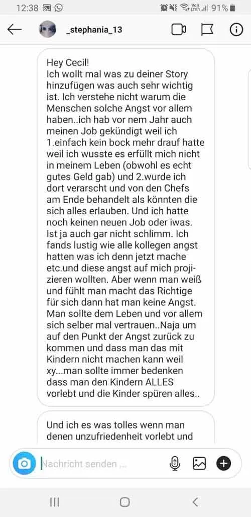 Instagram-Nachricht einer Kundin an Coach Cecil, die ihre Ängste losgelassen und ihr Leben verändert hat