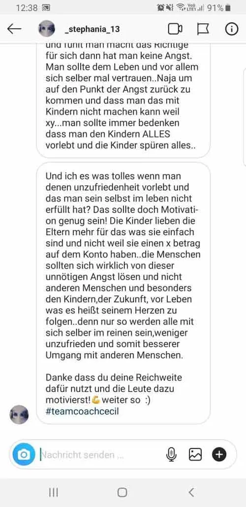 Fortsetzung der Instagram-Nachricht einer Kundin mit Dank an Coach Cecil für seine Motivation