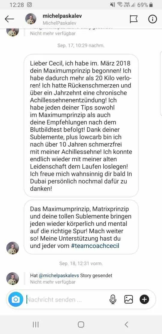 Instagram-Nachricht eines Kunden an Coach Cecil über seine Erfahrungen mit dem Maximumprinzip und den Supplements