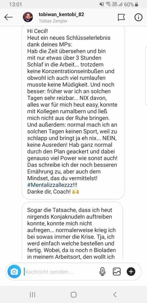 Instagram-Nachricht eines Kunden an Coach Cecil über ein neues Schlüsselerlebnis dank des Maximumprinzips