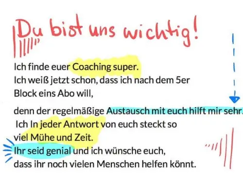 Handschriftlich markiertes Coaching-Feedback an Szenario-Zwei: „Du bist uns wichtig!“