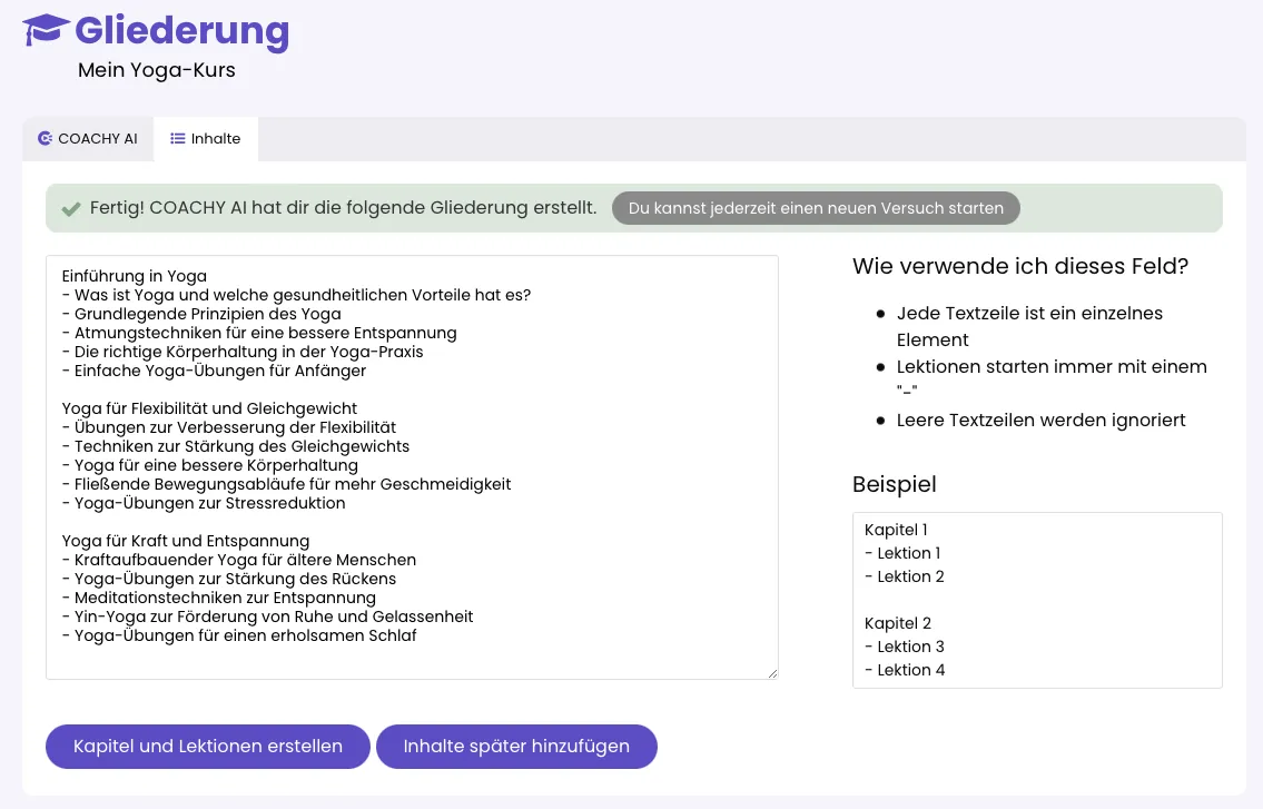 Von COACHY AI erzeugte Gliederung für einen Yoga-Kurs mit drei Kapiteln und mehreren Lektionen