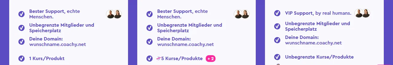 Leistungen der COACHY-Pakete Premium, Deluxe und Enterprise mit Support, unbegrenzten Mitgliedern, eigener Wunsch-Adresse und Kursanzahl