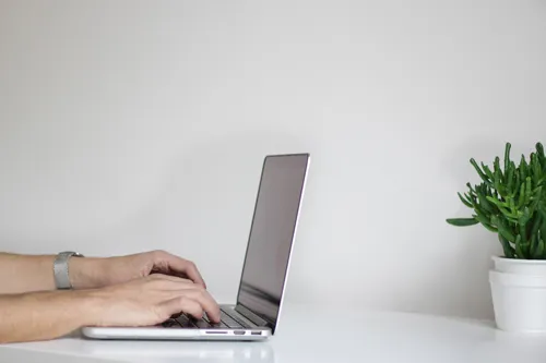 Hände tippen auf einem Laptop auf einem hellen Schreibtisch neben einer Pflanze – Werbetexte schreiben