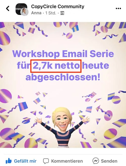 Post in der CopyCircle Community: Workshop Email Serie für 2,7k netto abgeschlossen