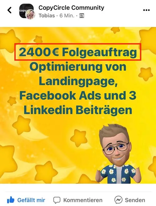 Post in der CopyCircle Community: 2400€ Folgeauftrag für Landingpage, Facebook Ads und LinkedIn-Beiträge